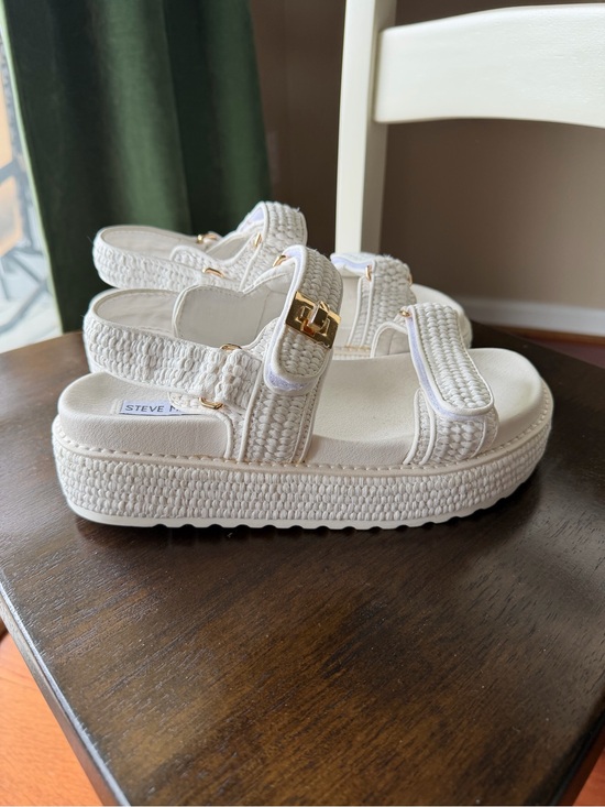 Steve Madden Shoes - Steve Madden Cream Woven Platform Slide Sandals with Gold Accent